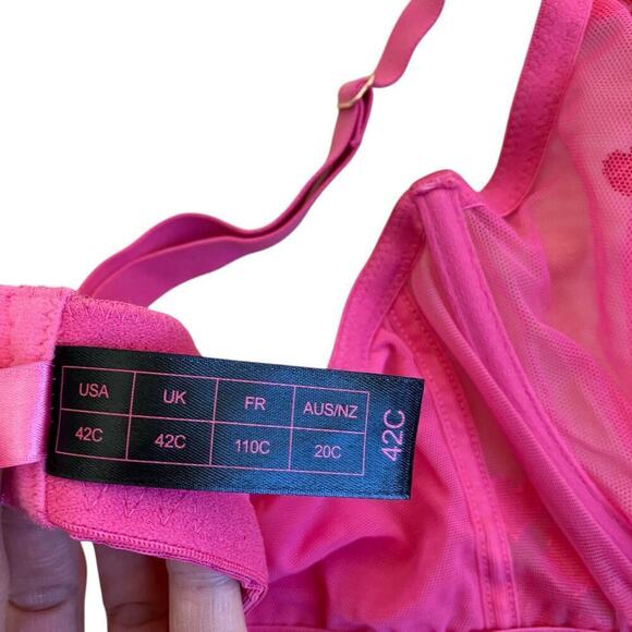Love Vera 42C Embroidered Heart Strappy Underwire Mesh Bra Balconette Pink Red - Picture 16 of 16